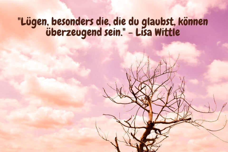 Toter Baum, stimmiger pink violettfarbenem Himmel mit Wolken. Zitat: "Lügen, besonders die, die du glaubst, können überzeugend sein." - Lisa Wittle