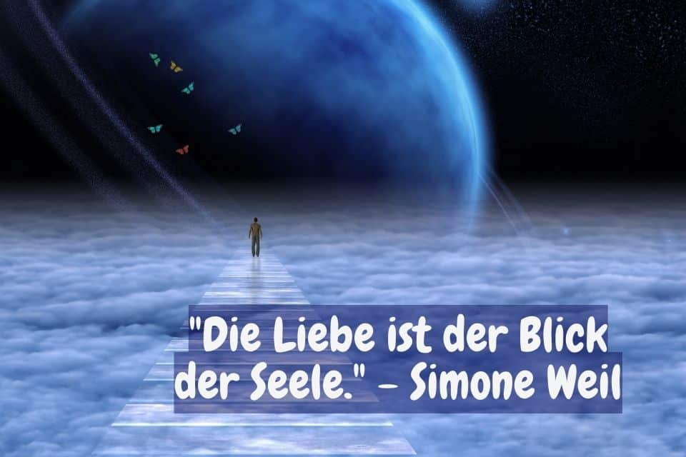 Mann läuft auf einer virtuellen Brücke im Himmel und im Hintergrund die Erde. Zitat: "Die Liebe ist der Blick der Seele." - Simone Weil