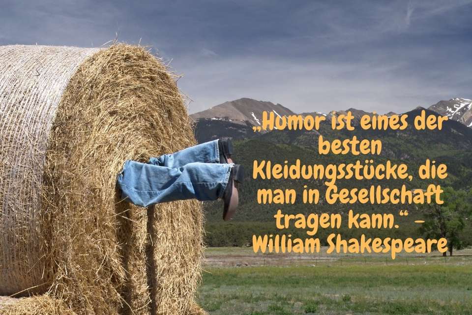 Ein Mann steckt in einer Heuballe und lustiges Zitat: „Humor ist eines der besten Kleidungsstücke, die man in Gesellschaft tragen kann.“ - William Shakespeare