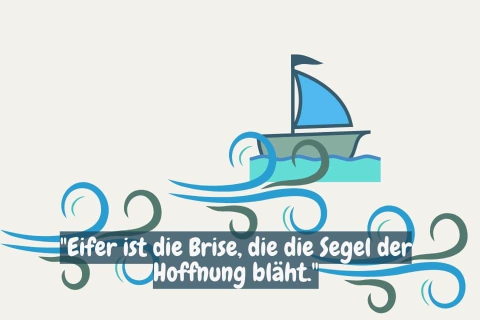 Auf dem Bild ist ein Segelboot auf stilisierten Wellen dargestellt, darüber steht: "Eifer ist die Brise, die die Segel der Hoffnung bläht."