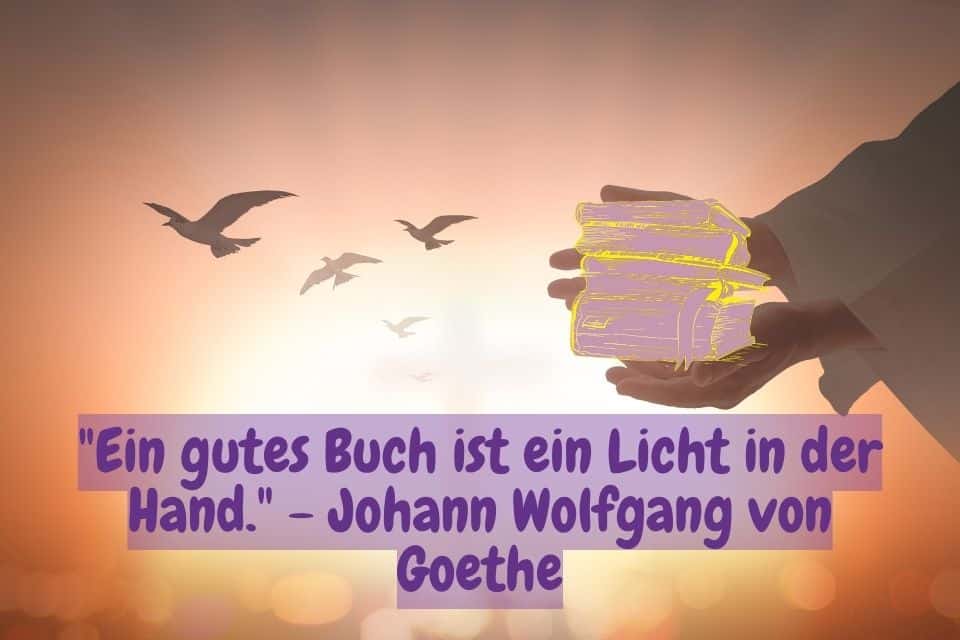 Licht, Vögel und Bücher. Zitat: "Ein gutes Buch ist ein Licht in der Hand." - Johann Wolfgang von Goethe