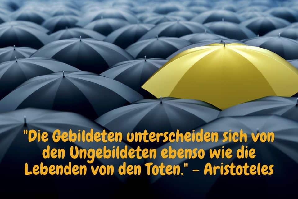 Viele schwarze Regenschirme und ein Einzelner gelber. Zitat: "Die Gebildeten unterscheiden sich von den Ungebildeten ebenso wie die Lebenden von den Toten." - Aristoteles