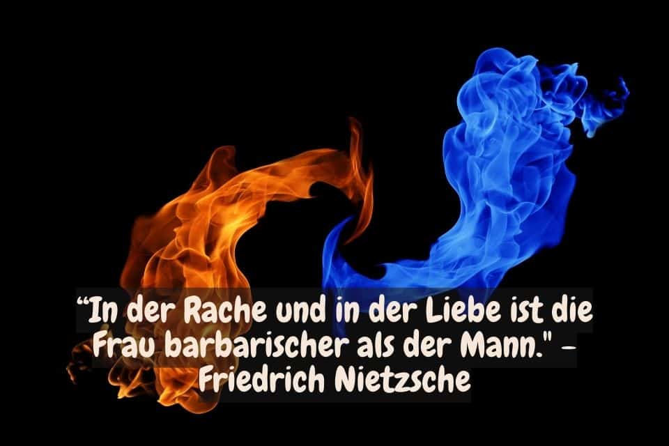 Orange und blaue Flamme. Zitat: “In der Rache und in der Liebe ist die Frau barbarischer als der Mann." - Friedrich Nietzsche