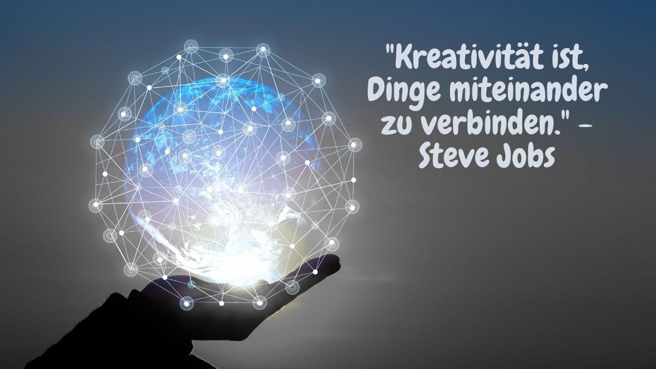 Eine Weltlampe mit Zitat - Kreativität ist, Dinge miteinander zu verbinden. - Steve Jobs