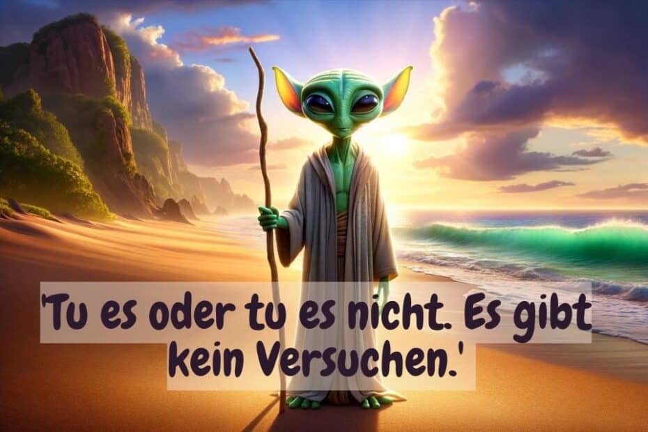 The image shows a small, green, wise-looking creature with a stick on the beach at sunset, with a motivational saying: "Do it or don't do it. There is no trying." Cover image: Master Yoda saying | 36 of his wisdom and life sayings