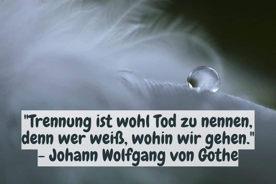 Weiße Feder mit Wasserperle und Trauerzitat: "Trennung ist wohl Tod zu nennen, denn wer weiß, wohin wir gehen." - Johann Wolfgang von Gothe