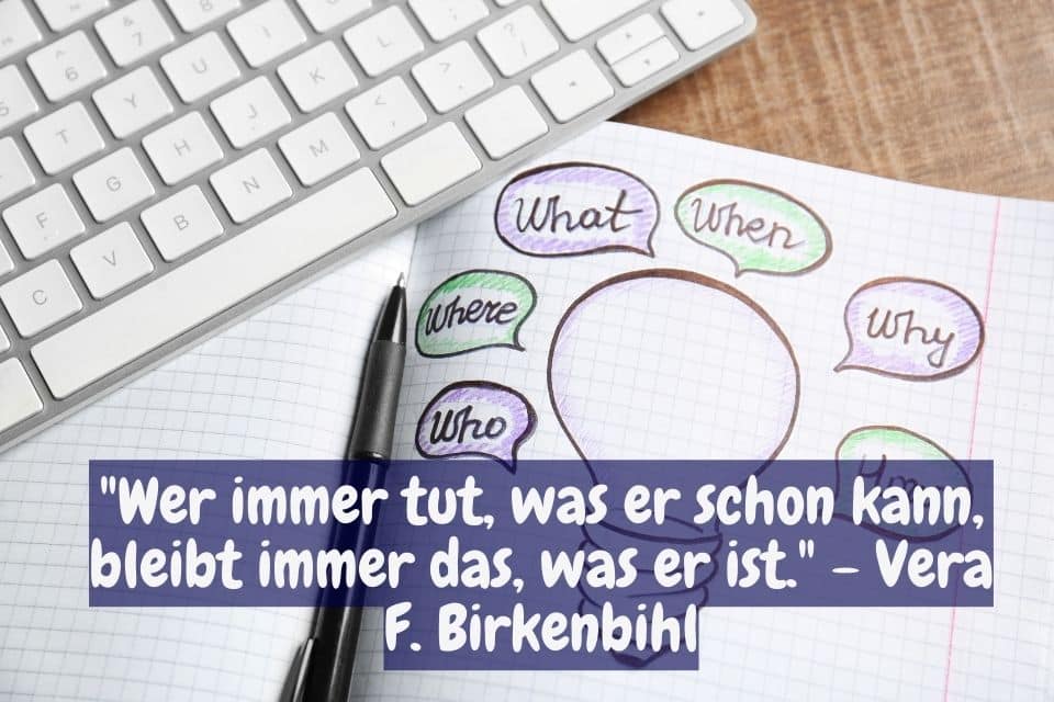 Tastatur, Buch und Zitat: "Wer immer tut, was er schon kann, bleibt immer das, was er ist." - Vera F. Birkenbihl
