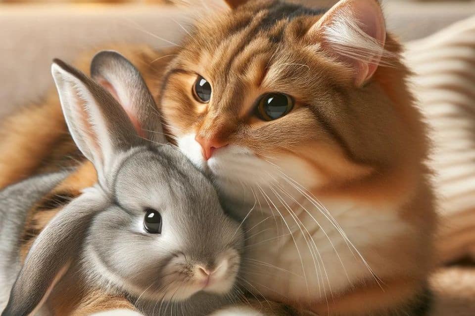 eine Katze, die sanft mit einem kleinen Kaninchen kuschelt